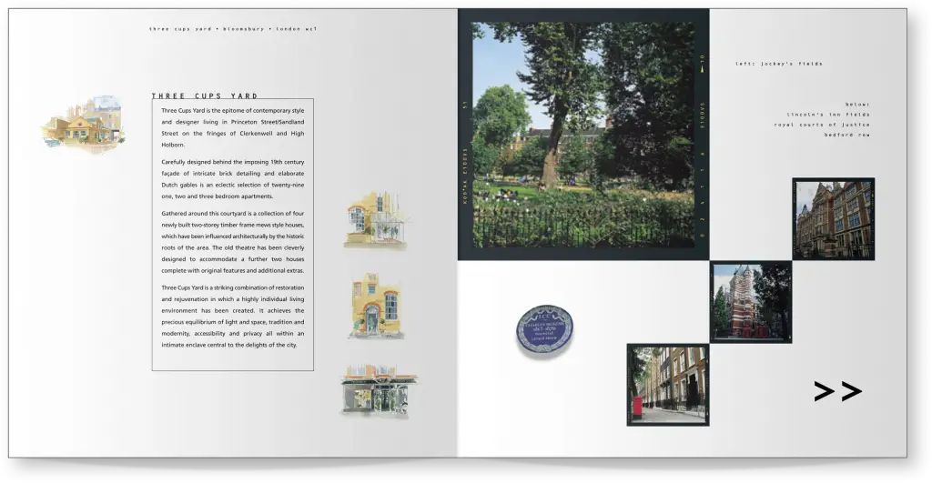 Sample spread from the property marketing literature designed for Three Cups Yard.