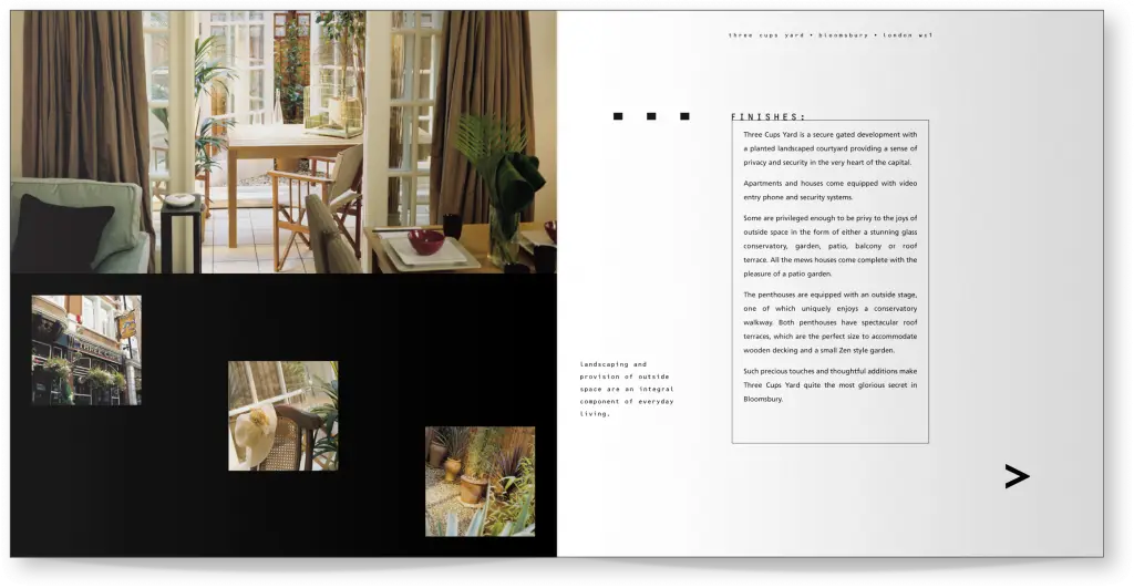 Sample spread from the property marketing literature designed for Three Cups Yard.
