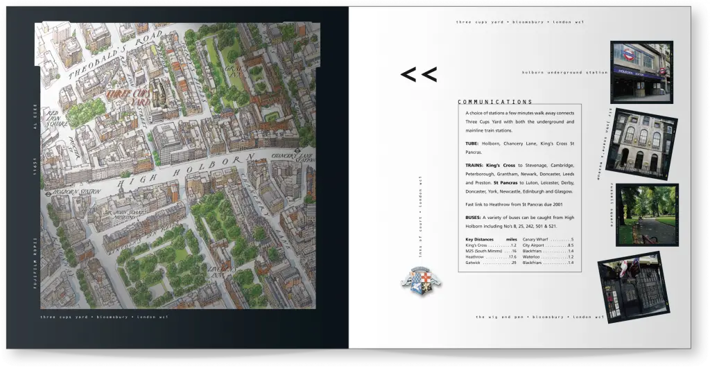 Sample spread from the property marketing literature designed for Three Cups Yard.