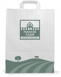 Manor Farm branding applied to grocery bags.